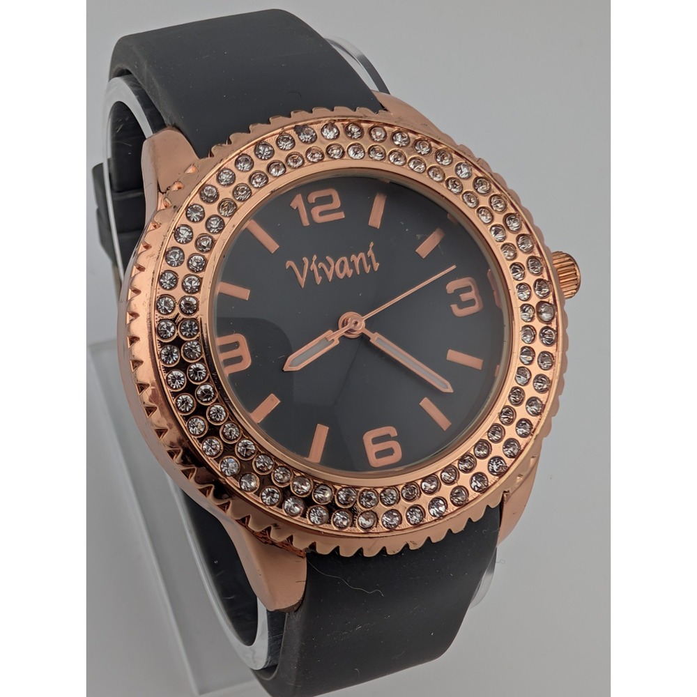 Vivani Watch Women 39mm Rose Gold Case Crystals Gray Silicone Band- New Battery